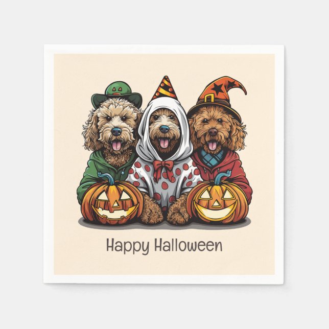 Guardanapo De Papel Feliz Cachorro de Goldendoodle de Halloween (Frente)
