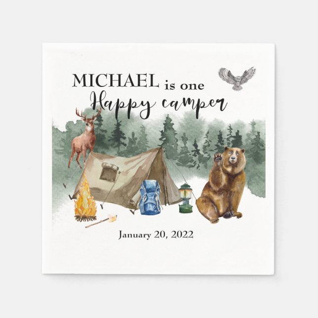 Guardanapo De Papel Feliz Camper Birthday Forest Bear (Frente)
