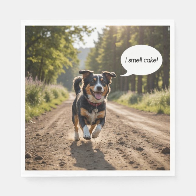 Guardanapo De Papel Feliz Cão Cheirando Bolo De Aniversário (Frente)