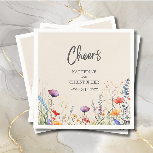 Guardanapo De Papel Feliz Casamento de Beige Elegante de Flores Selvag (Cheers Colorful Wildflowers Wedding Napkin with purple, orange, red wildflowers, beige background.)