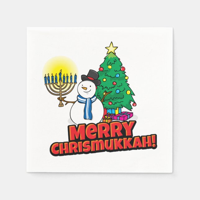 Guardanapo De Papel Feliz Chrismukkah com Snowman e Menorah (Frente)
