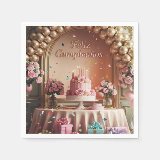 Guardanapo De Papel “Feliz Cumpleaños” Elegant Pink & Gold Birthday  (Frente)
