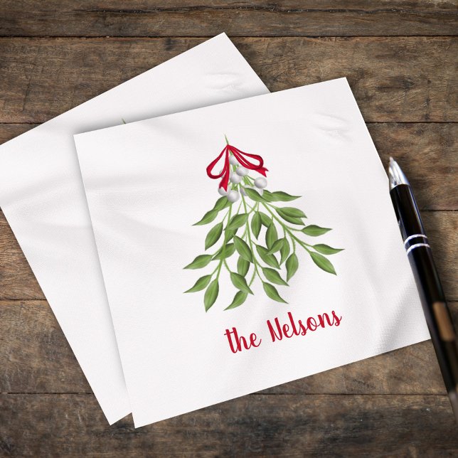 Guardanapo De Papel Feliz de Natal Mistletoholiday Whimsical Cute (Christmas merry mistletoe watercolor simple customized calligraphy napkin. )