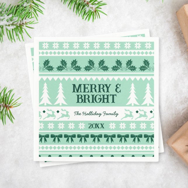Guardanapo De Papel Feliz e Suor de Natal Brilhante, verde (Merry & Bright Christmas Sweater Mint Green Napkins)