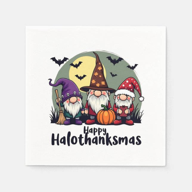 Guardanapo De Papel Feliz Hallothanksmas Xmas Halloween Gnomos (Frente)