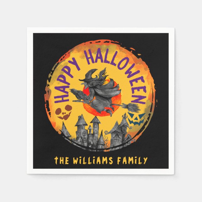 Guardanapo De Papel Feliz Halloween, Bambão-preto-de-bruxa-negra (Frente)