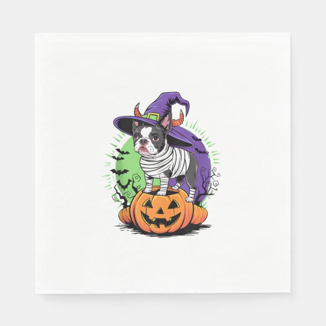 Guardanapo De Papel Feliz Halloween com Boston Terrier Mummy & Witch (Frente)