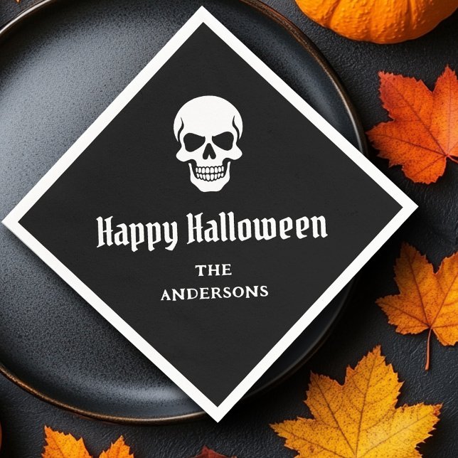 Guardanapo De Papel Feliz Halloween mauzão nome personalizado ou texto (Happy Halloween spooky skull custom name or text Napkins)