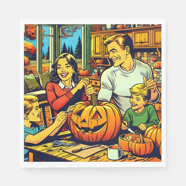 Guardanapo De Papel Feliz Halloween Nostalgia Família Carving Pumpkins (Frente)