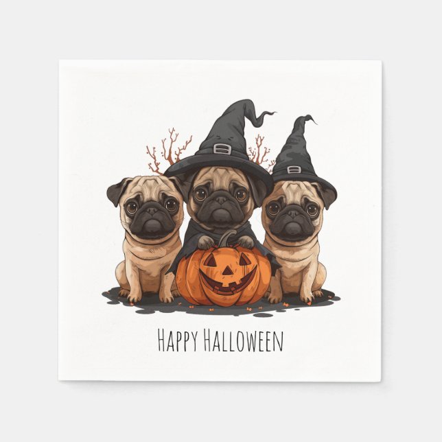 Guardanapo De Papel Feliz Halloween Pugs Jack O Lanternas (Frente)