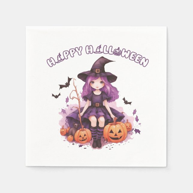 Guardanapo De Papel Feliz Halloween Roxo Bruxas Pumpkins & Bats (Frente)