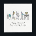Guardanapo De Papel Feliz Hanukkah da Nova Iorque NYC Chanukah<br><div class="desc">Design apresenta uma ilustração original de caneta e tinta de vários marcos Nova Iorque, incluindo a Estátua da Liberdade, o Washington Square Arch e a Ponte do Brooklyn, "vestida" para a temporada de festas. Ideal para celebrar Hanukkah e as férias judaicas. Este design NYC também está disponível em outros produtos....</div>