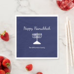 Guardanapo De Papel Feliz Hanukkah Simple Menorah Blue<br><div class="desc">Feliz guardanapo do Feriado Azul de Hanukkah,  com uma simples menorah branca e design de tipografia de script. Com a inscrição personalizável branca,  você pode adicionar suas próprias informações. Uma forma festiva de celebrar com amigos e entes queridos.</div>