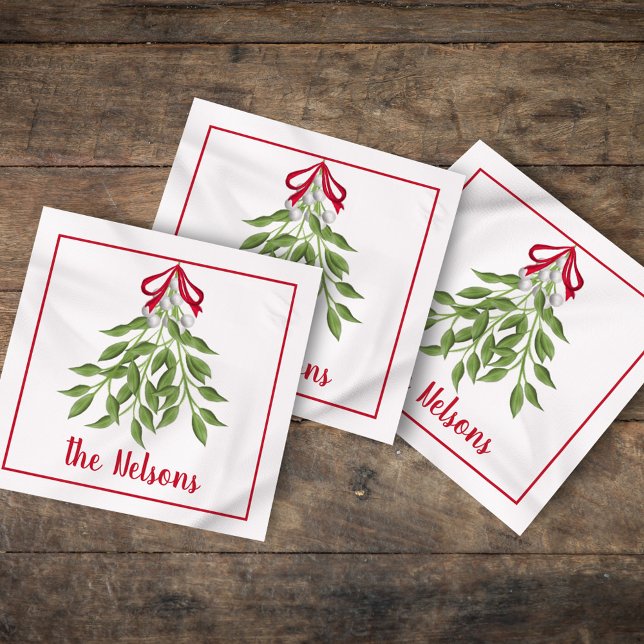 Guardanapo De Papel Feliz Mistletoe White Berries (Christmas merry mistletoe watercolor simple customized calligraphy napkin. )