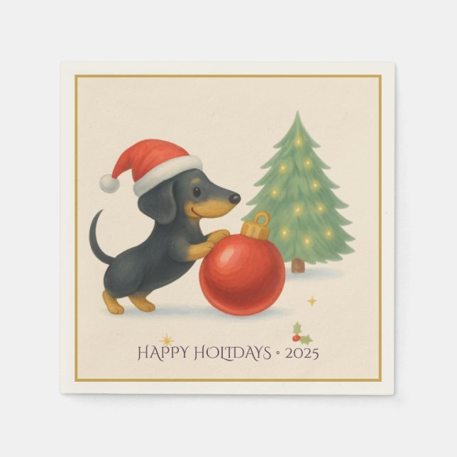 Guardanapo De Papel Feliz Natal 2025 Cão de Dachshund Napkins (Frente)
