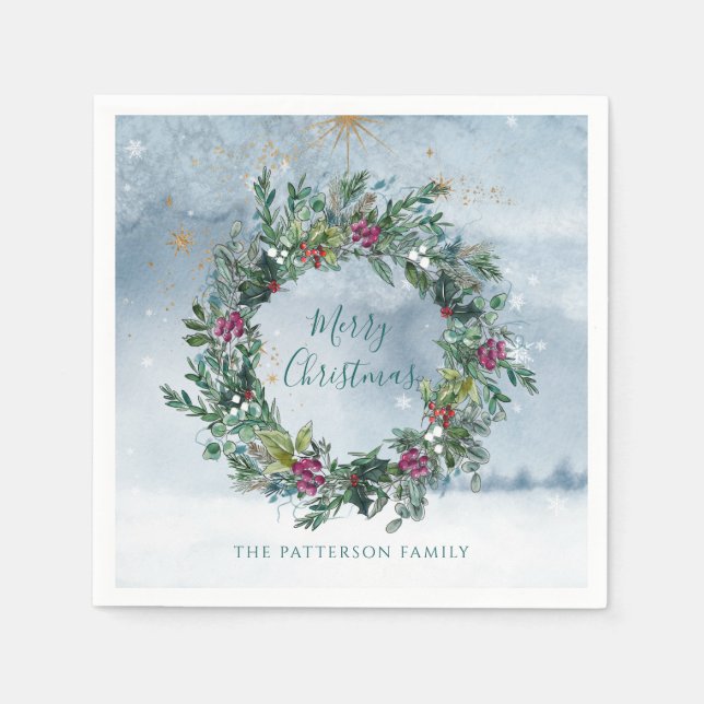 Guardanapo De Papel Feliz Natal Aquarela Holly Glitter Star Snow (Frente)