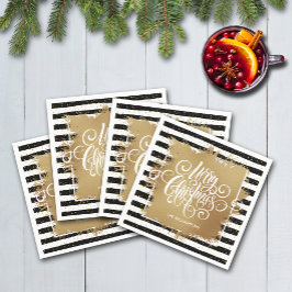 Guardanapo De Papel Feliz Natal Black White Strips Dourado Faux Foil