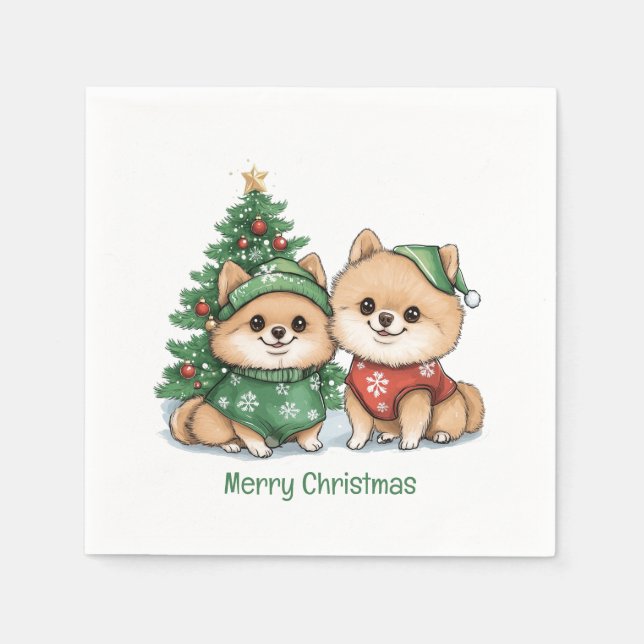 Guardanapo De Papel Feliz Natal - Cães Pomeranianos (Frente)