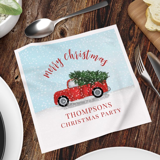 Guardanapo De Papel Feliz Natal Caligrafia Bastante Vermelha (Merry Christmas Vintage red Truck Holiday Custom Napkins.)