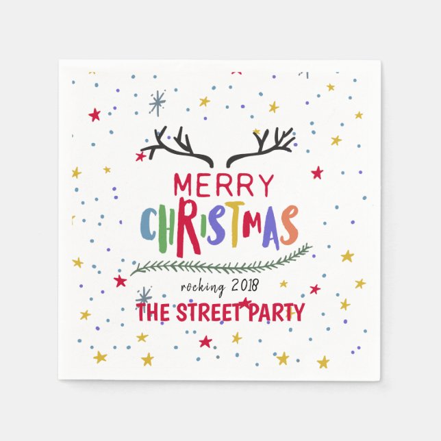 Guardanapo De Papel Feliz Natal, Colorida Reindeer Antlers & Stars (Frente)