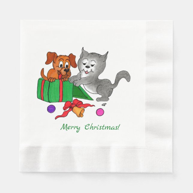 Guardanapo De Papel Feliz Natal com Gato e Cão (Frente)