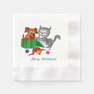 Guardanapo De Papel Feliz Natal com Gato e Cão