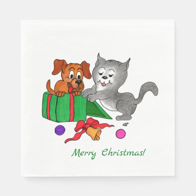 Guardanapo De Papel Feliz Natal com Gato e Cão (Frente)