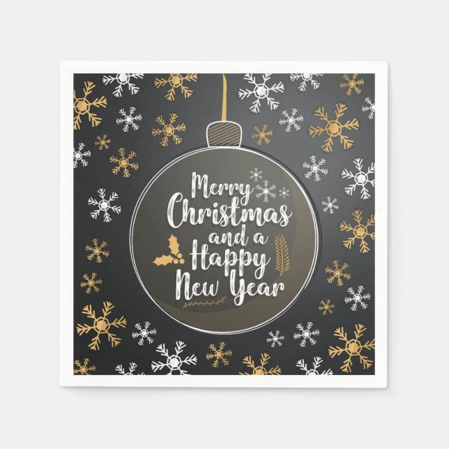 Guardanapo De Papel Feliz Natal Dourado Flocos de Neve Brancos (Frente)