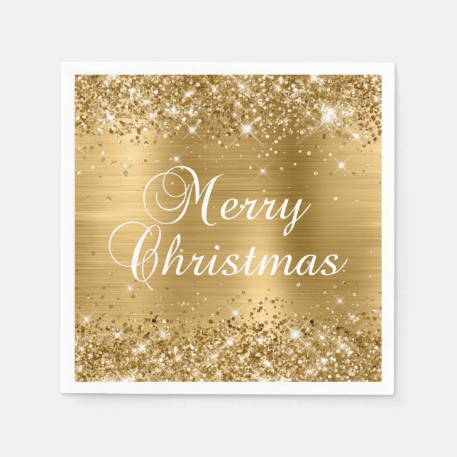 Guardanapo De Papel Feliz Natal em Glitter Dourado (Frente)