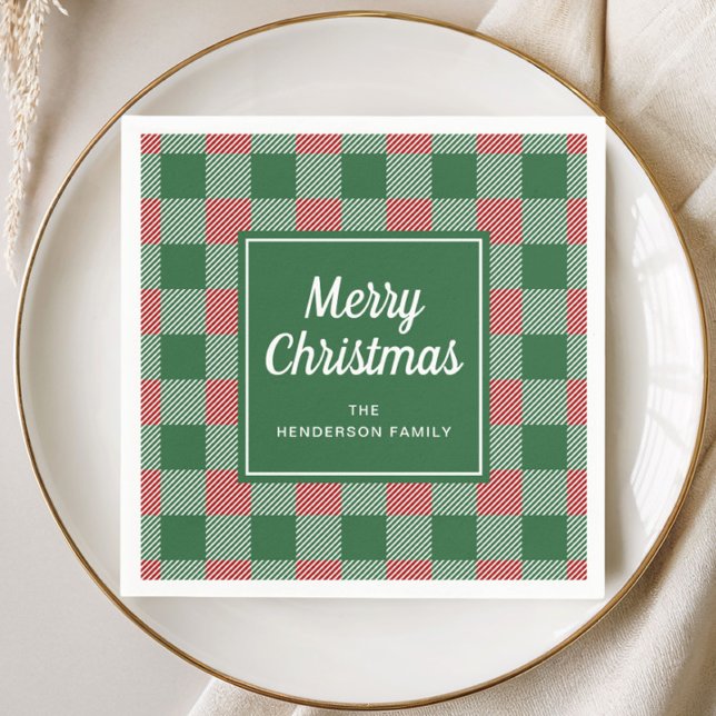 Guardanapo De Papel Feliz Natal em Xadrez Verde Rústico (Rustic Green Plaid Merry Christmas Napkins)