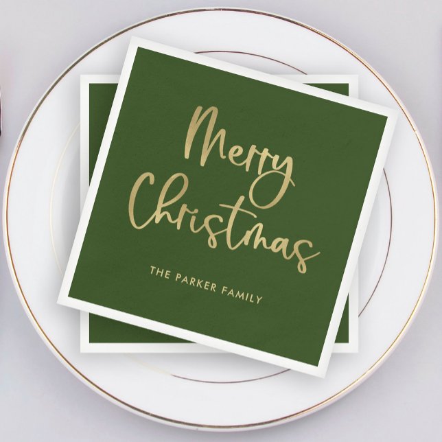 Guardanapo De Papel Feliz Natal | Faux Dourado no Green Casual Script (Elegant green Christmas napkins with faux gold script)