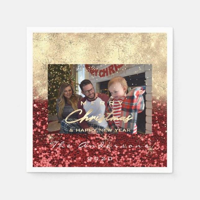 Guardanapo De Papel Feliz Natal Feliz Ano Dourado Foto Vermelha (Frente)