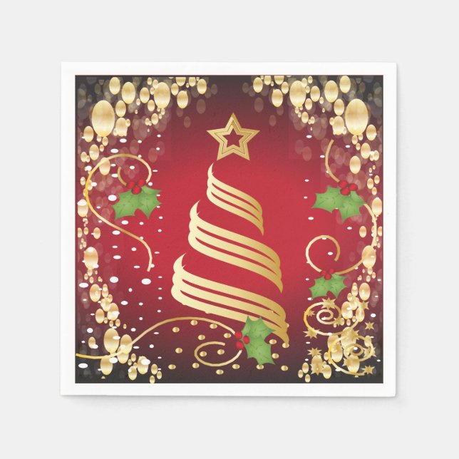 Guardanapo De Papel Feliz Natal Festivo Vermelho Brilhante e Dourado (Frente)