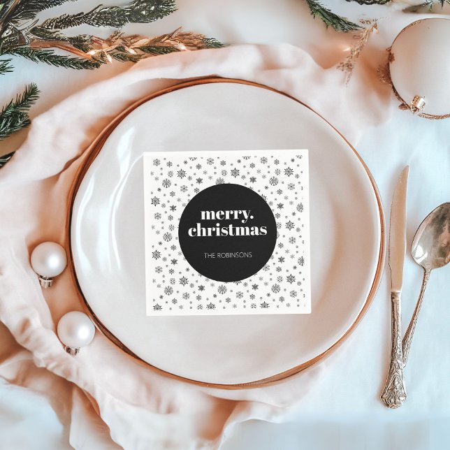 Guardanapo De Papel Feliz Natal Floco de Neve Preto e Branco (Christmas holiday snowflake pattern napkin)
