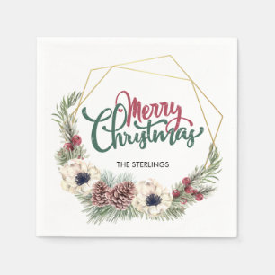 Guardanapo De Papel Feliz Natal Floral Pine Cone Holly Frame Dourado