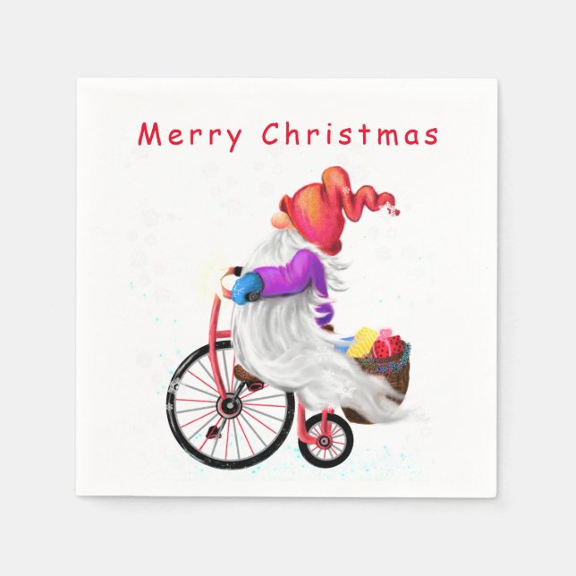 Guardanapo De Papel Feliz Natal - Gnomo Engraçado com Bicicleta e Pres (Frente)