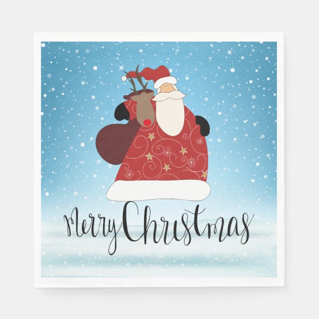 Guardanapo De Papel Feliz Natal Papai Noel e Rudolph (Frente)
