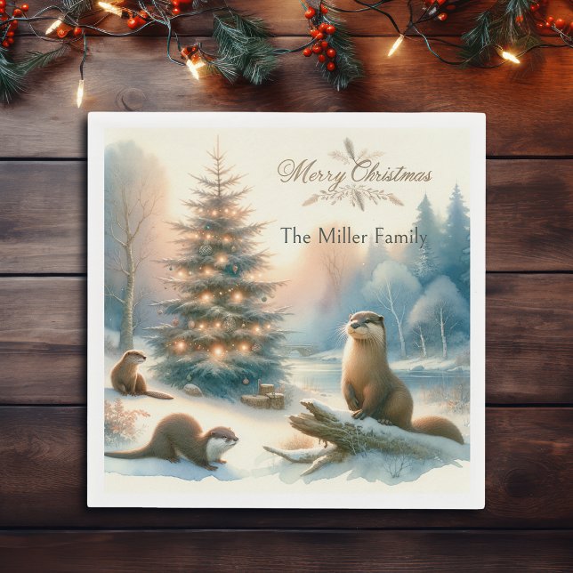 Guardanapo De Papel Feliz Natal Personalizado Família Otter Inverno (Criador carregado)