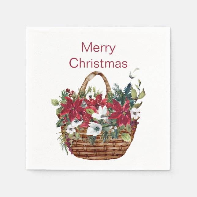 Guardanapo De Papel Feliz Natal Poinsettia Basket Watercolor (Frente)