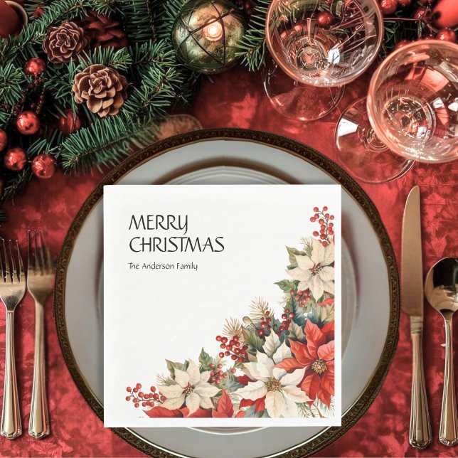 Guardanapo De Papel Feliz Natal Poinsettias (Criador carregado)