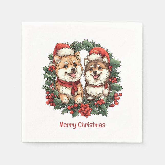 Guardanapo De Papel Feliz Natal Pomeranianos Cães Mistletoe Wreath (Frente)