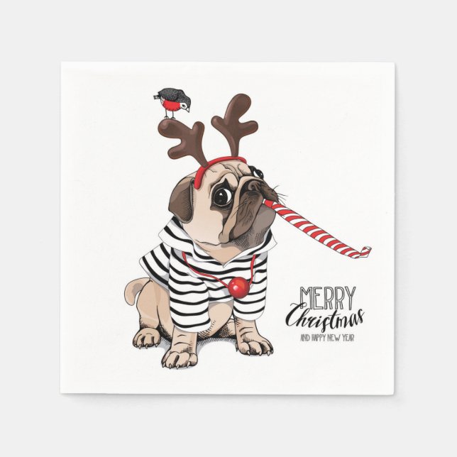 Guardanapo De Papel Feliz Natal | Pug Reindeer (Frente)