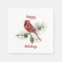 Feliz Natal Red Cardinal Pine Branch Cones