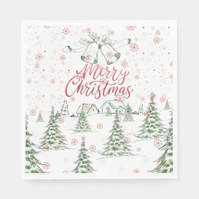 Guardanapo De Papel Feliz Natal, Red e Green Snowy Trees (Frente)