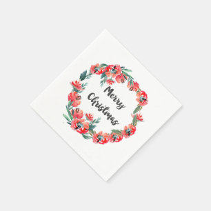 Guardanapo De Papel Feliz Natal Red Floral Watercolor Wreath