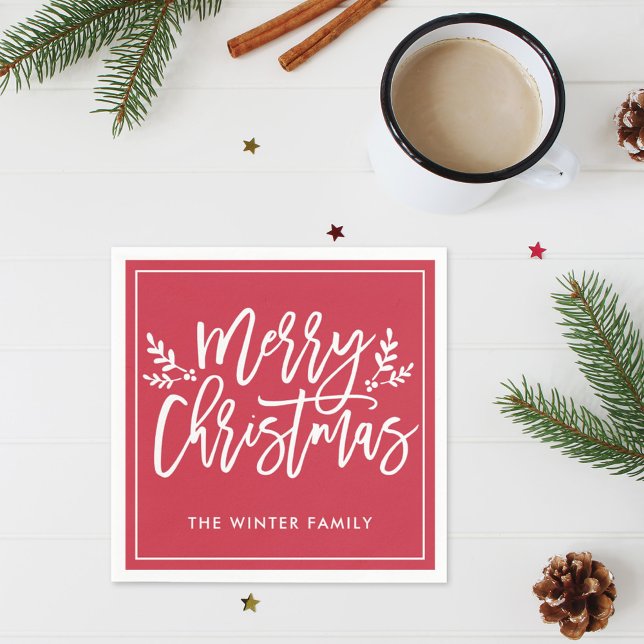 Guardanapo De Papel Feliz Natal Red Modern Script Holiday (Criador carregado)