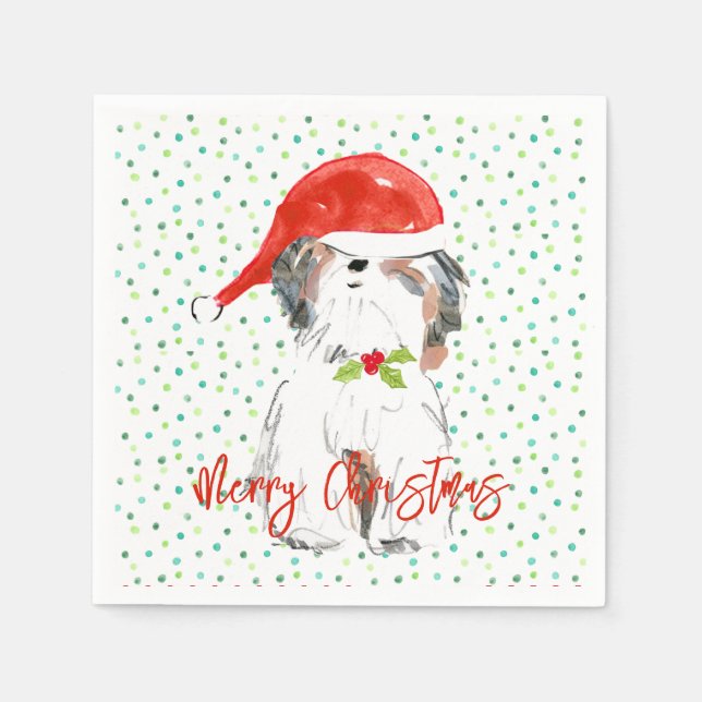 Guardanapo De Papel Feliz Natal Shi Tzu Cão Festivo Holly (Frente)