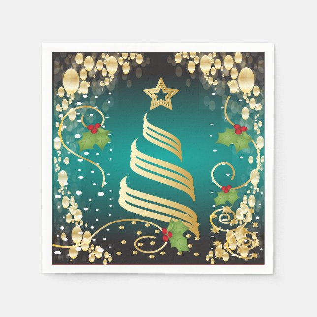 Guardanapo De Papel Feliz Natal Turquesa Festiva Azul e Dourado (Frente)