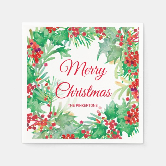 Guardanapo De Papel Feliz Natal Watercolor Holly Wreath Holiday (Frente)
