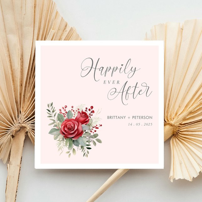 Guardanapo De Papel Feliz Nunca Depois De Casar Napkins com Rosa (Happily Ever After Blush Wedding Napkins with Rose Personalized)
